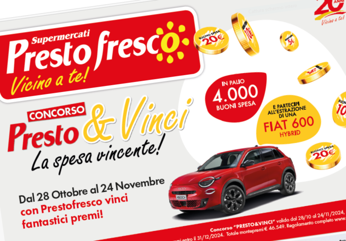 Prestrofresco, per ringraziare i clienti di 20 anni di fiducia, mette in palio una Fiat 600 1.2 Hybrid 100 CV